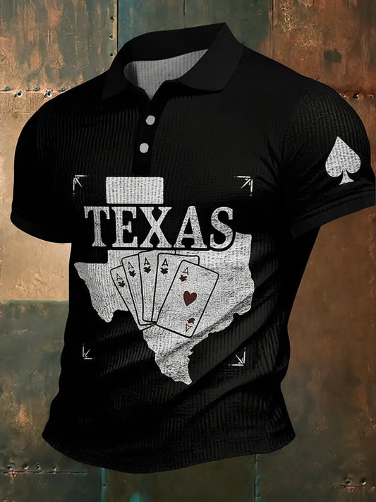 Retro Texas Hold’em Poker Map Printed Waffle Texture Athletic V-Neck Short Sleeves Polo Shirt A / S