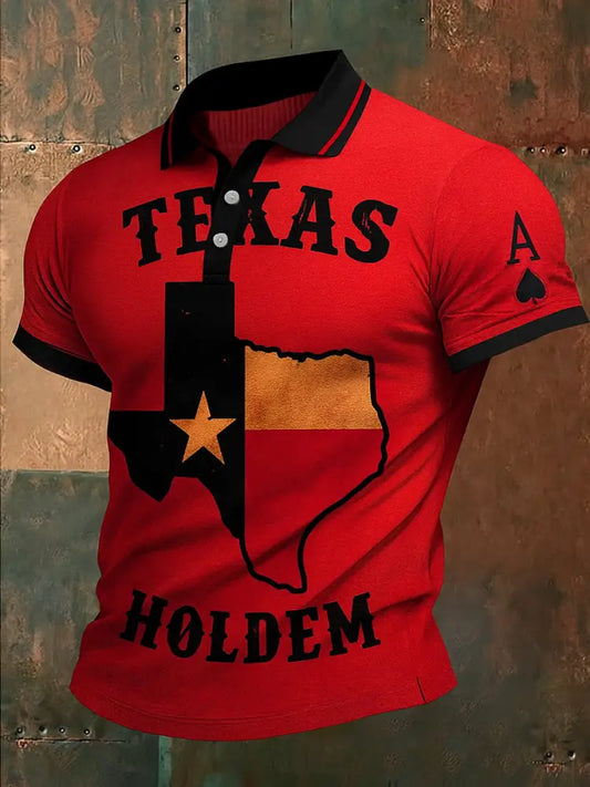 Retro Texas Hold’em Poker Map Printed Waffle Texture Athletic V-Neck Short Sleeves Polo Shirt A / S