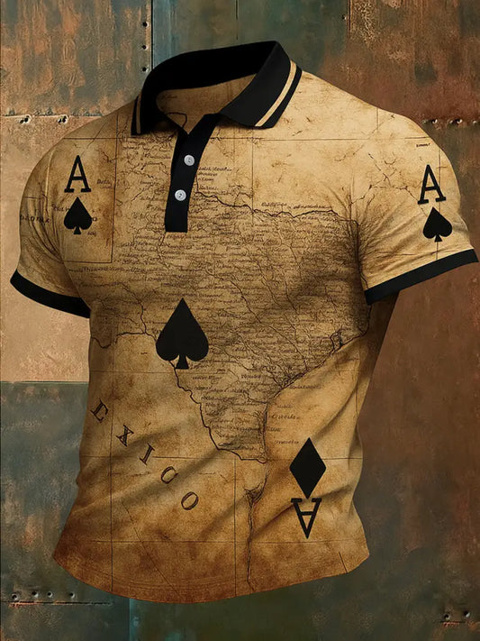 Retro Texas Hold’em Poker Map Printed Waffle Texture Athletic V-Neck Short Sleeves Polo Shirt A / S