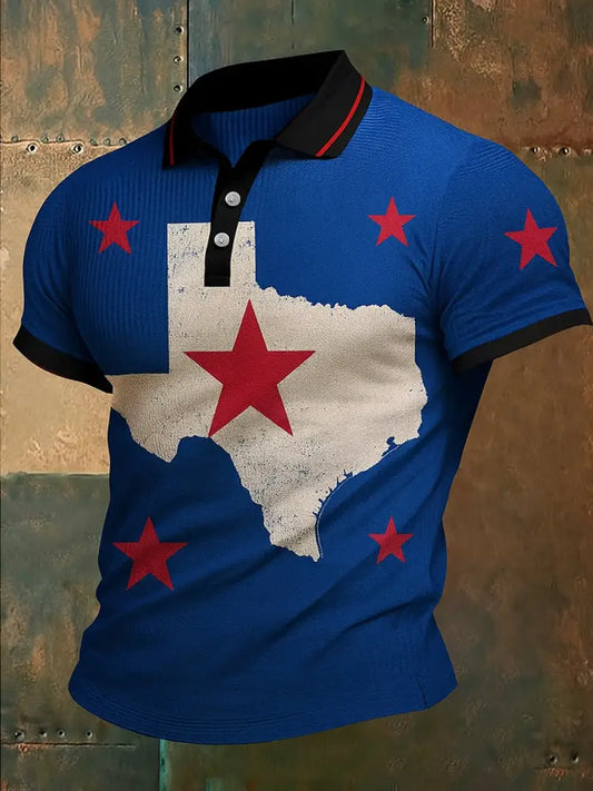 Retro Texas Hold’em Poker Map Printed Waffle Texture Athletic V-Neck Short Sleeves Polo Shirt A / S
