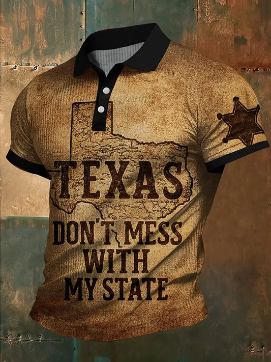 Retro Texas Hold’em Poker Map Printed Waffle Texture Athletic V-Neck Short Sleeves Polo Shirt A / S