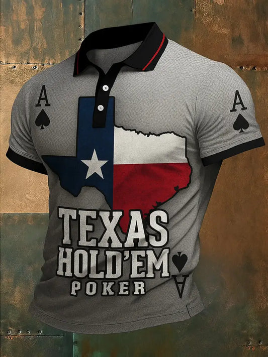 Retro Texas Hold’em Poker Map Printed Waffle Texture Athletic V-Neck Short Sleeves Polo Shirt A / S