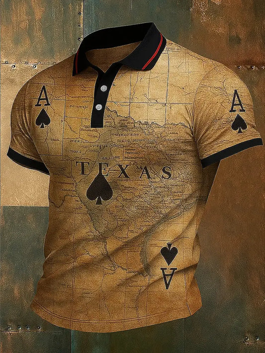Retro Texas Hold’em Poker Map Printed Waffle Texture Athletic V-Neck Short Sleeves Polo Shirt A / S