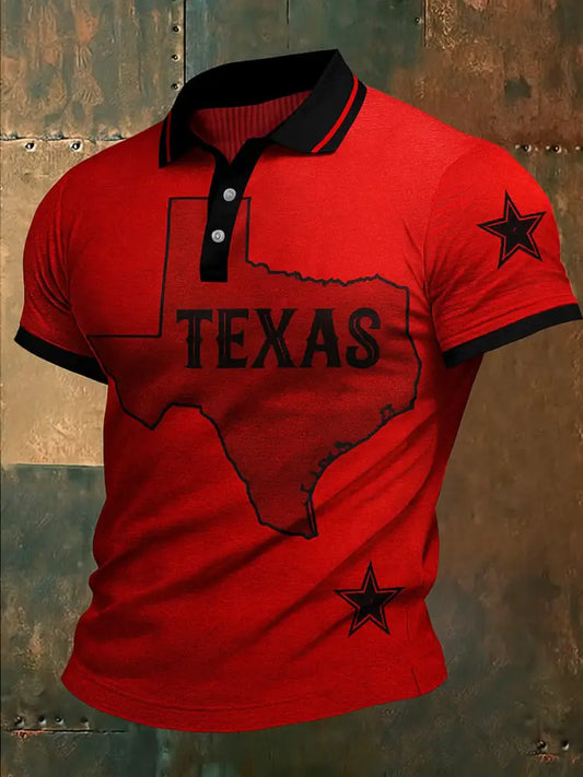 Retro Texas Hold’em Poker Map Printed Waffle Texture Athletic V-Neck Short Sleeves Polo Shirt A / S