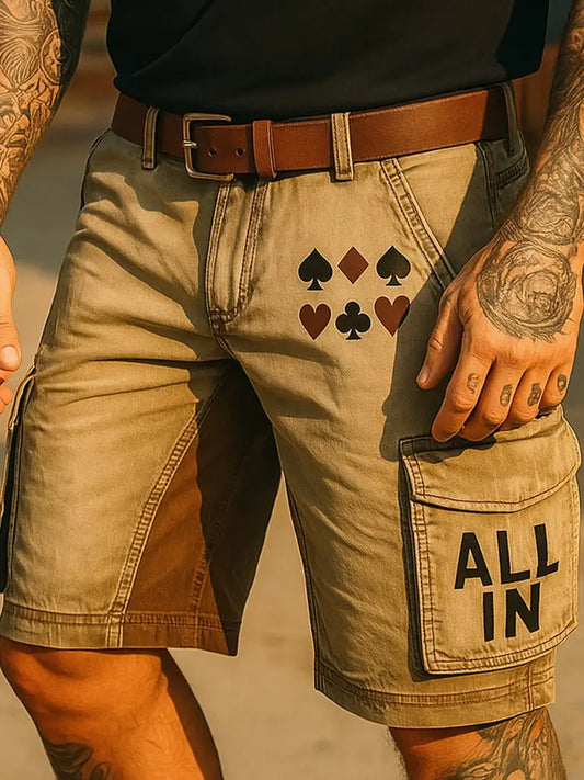 Retro Texas Hold’em Poker Printed Outdoor Casual Texture Pocket Casual Cargo Shorts A / M