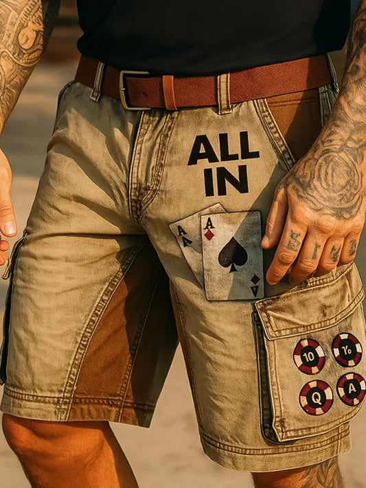 Retro Texas Hold’em Poker Printed Outdoor Casual Texture Pocket Casual Cargo Shorts A / M