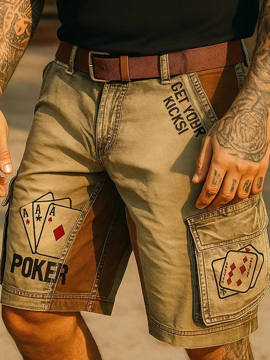 Retro Texas Hold’em Poker Printed Outdoor Casual Texture Pocket Casual Cargo Shorts A / M