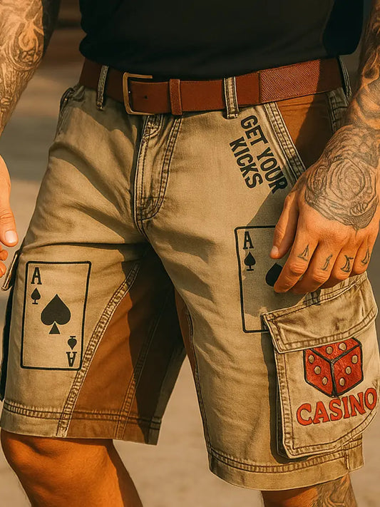 Retro Texas Hold’em Poker Printed Outdoor Casual Texture Pocket Casual Cargo Shorts A / M