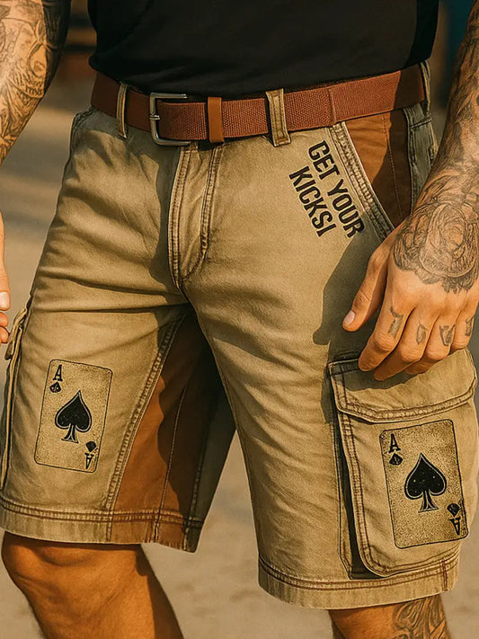 Retro Texas Hold’em Poker Printed Outdoor Casual Texture Pocket Casual Cargo Shorts A / M