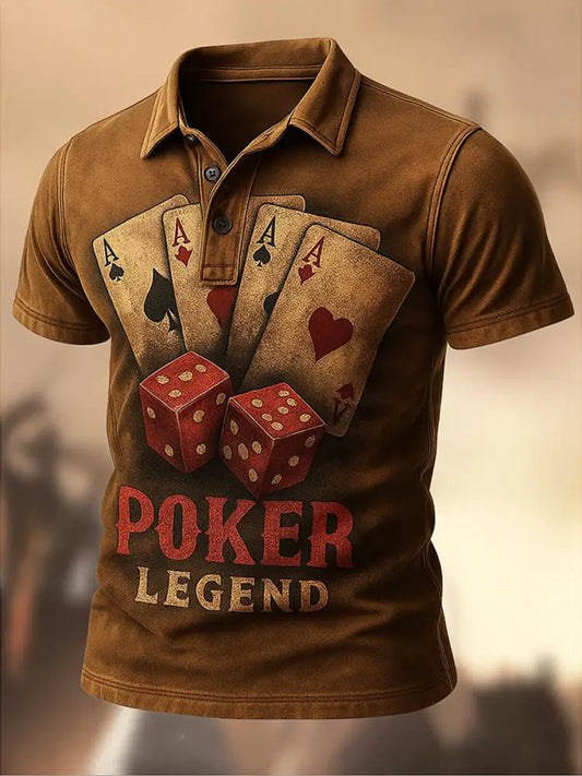 Retro Texas Hold’em Poker Printed Vintage Texture V-Neck Short Sleeves Polo-Shirt A / S