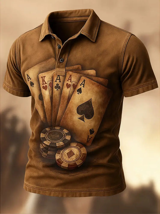 Retro Texas Hold’em Poker Printed Vintage Texture V-Neck Short Sleeves Polo-Shirt A / S