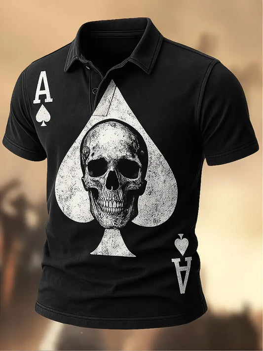 Retro Texas Hold’em Poker Printed Vintage Texture V-Neck Short Sleeves Polo-Shirt A / S