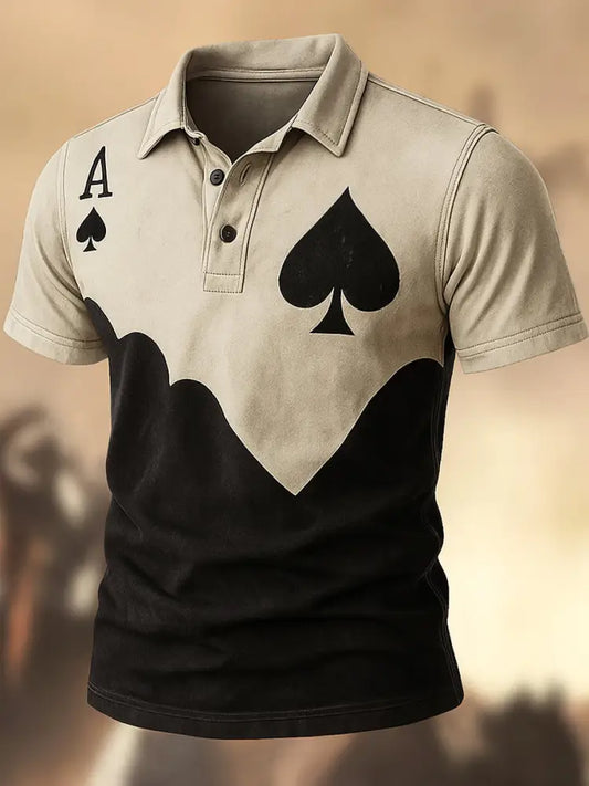 Retro Texas Hold’em Poker Printed Vintage Texture V-Neck Short Sleeves Polo-Shirt A / S