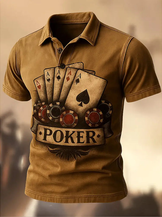 Retro Texas Hold’em Poker Printed Vintage Texture V-Neck Short Sleeves Polo-Shirt A / S