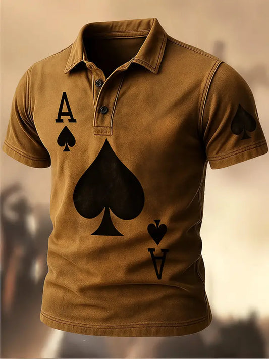 Retro Texas Hold’em Poker Printed Vintage Texture V-Neck Short Sleeves Polo-Shirt A / S