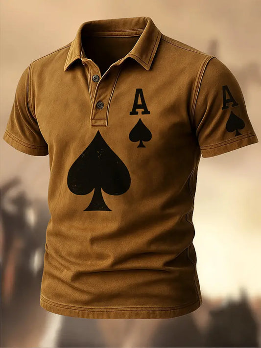 Retro Texas Hold’em Poker Printed Vintage Texture V-Neck Short Sleeves Polo-Shirt A / S