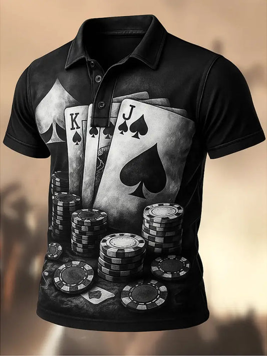 Retro Texas Hold’em Poker Printed Vintage Texture V-Neck Short Sleeves Polo-Shirt A / S