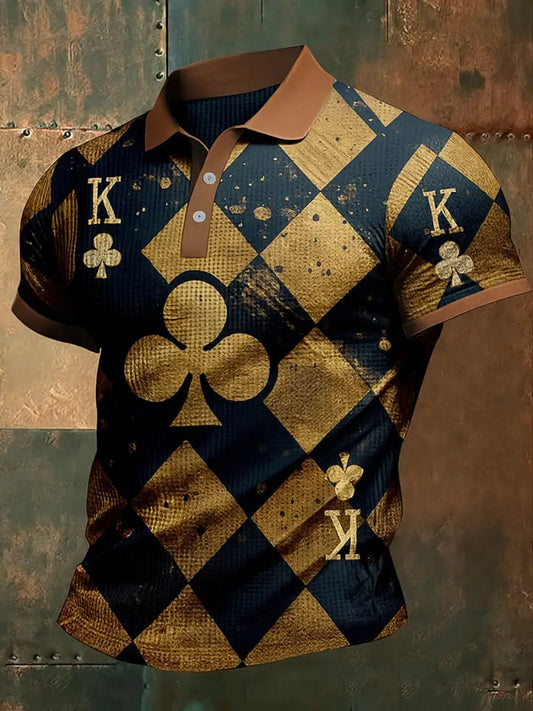 Retro Texas Hold’em Poker Printed Waffle Texture Athletic V-Neck Short Sleeves Polo Shirt A / S