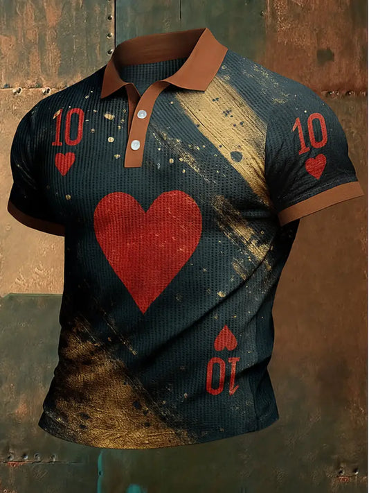 Retro Texas Hold’em Printed Waffle Texture Athletic V-Neck Short Sleeves Polo Shirt A / S