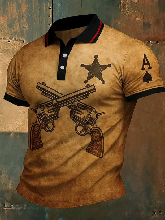 Retro Western Texas Hold’em Printed Waffle Texture Athletic V-Neck Short Sleeves Polo Shirt A / S