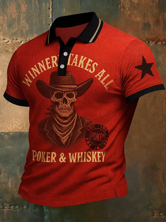 Retro Western Texas Hold’em Printed Waffle Texture Athletic V-Neck Short Sleeves Polo Shirt A / S