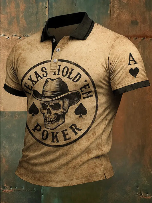Retro Western Texas Hold’em Printed Waffle Texture Athletic V-Neck Short Sleeves Polo Shirt A / S