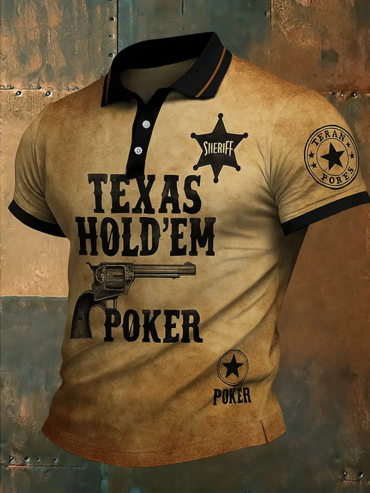 Retro Western Texas Hold’em Printed Waffle Texture Athletic V-Neck Short Sleeves Polo Shirt A / S