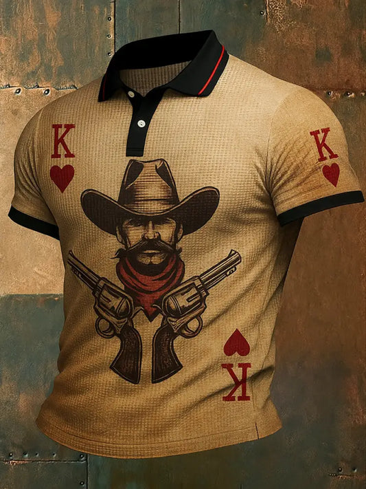 Retro Western Texas Hold’em Printed Waffle Texture Athletic V-Neck Short Sleeves Polo Shirt A / S