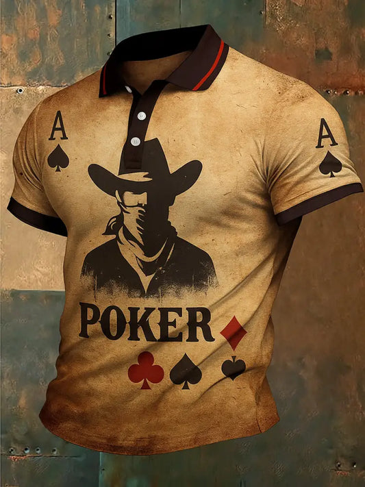 Retro Western Texas Hold’em Printed Waffle Texture Athletic V-Neck Short Sleeves Polo Shirt A / S