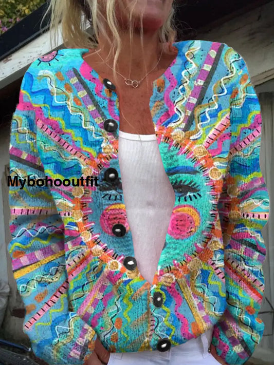 Retro Elegant Art Print Chic Button Thick Long Sleeve Cardigan Sweater A / S