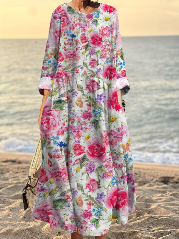 Women's Fashion Elegant Art Floral Print Round Neck Long Sleeve Long Dress