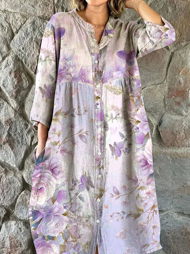 Women's Fashion Elegant Art Floral Print V-Neck Button Three-Quarter Sleeve Midi Dress