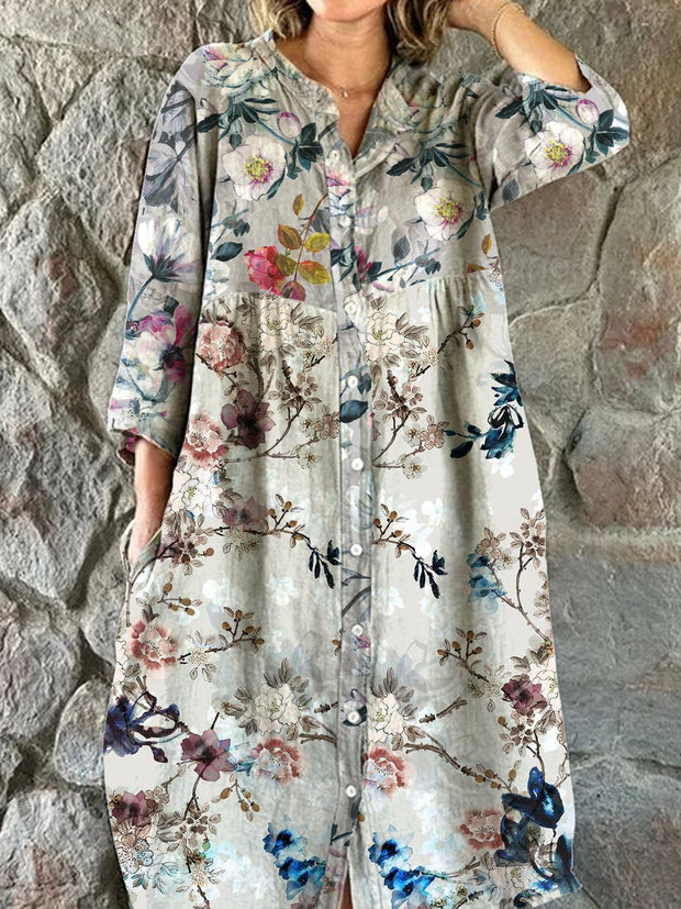 Women's Fashion Elegant Art Floral Print V-Neck Button Three-Quarter Sleeve Midi Dress