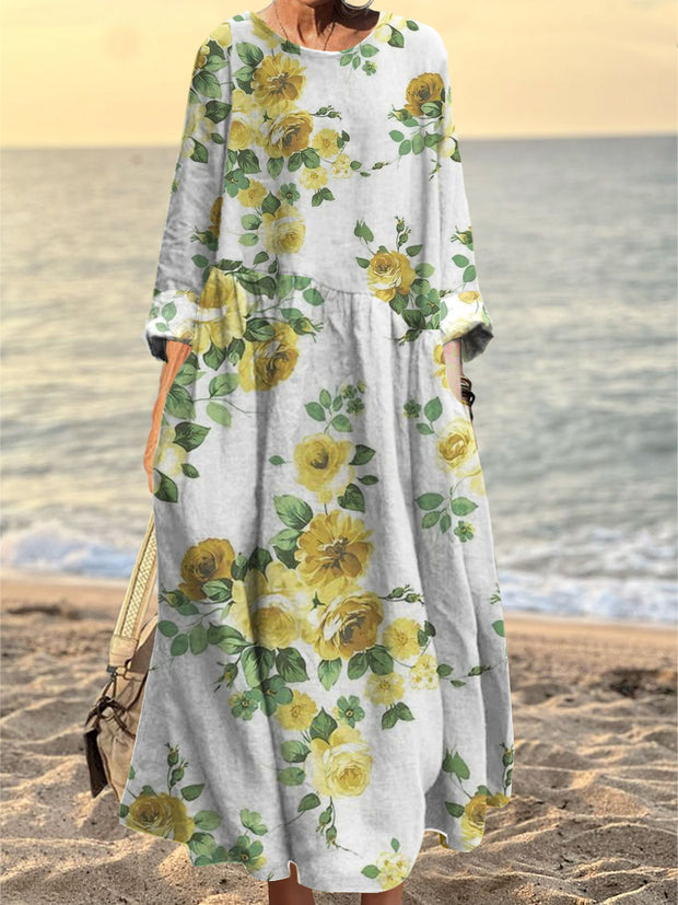 Women's Fashion Elegant Art Floral Print Round Neck Long Sleeve Long Dress