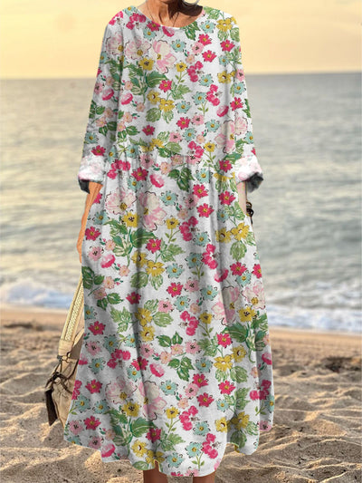 Women's Fashion Elegant Art Floral Print Round Neck Long Sleeve Long Dress