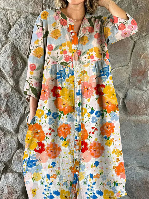 Women's Stylish Elegant Art Floral Print V-Neck Three-Quarter Sleeve Button Midi Dress