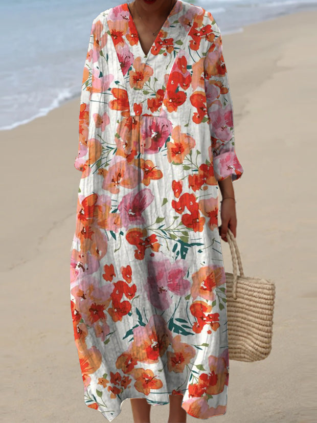 Women's Stylish Elegant Art Floral Print V-Neck Long Sleeve Loose Long Dress