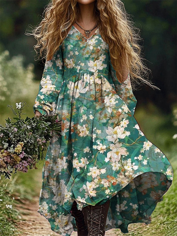 Women's Stylish Elegant Art Floral Print V-Neck Long Sleeve Long Dress