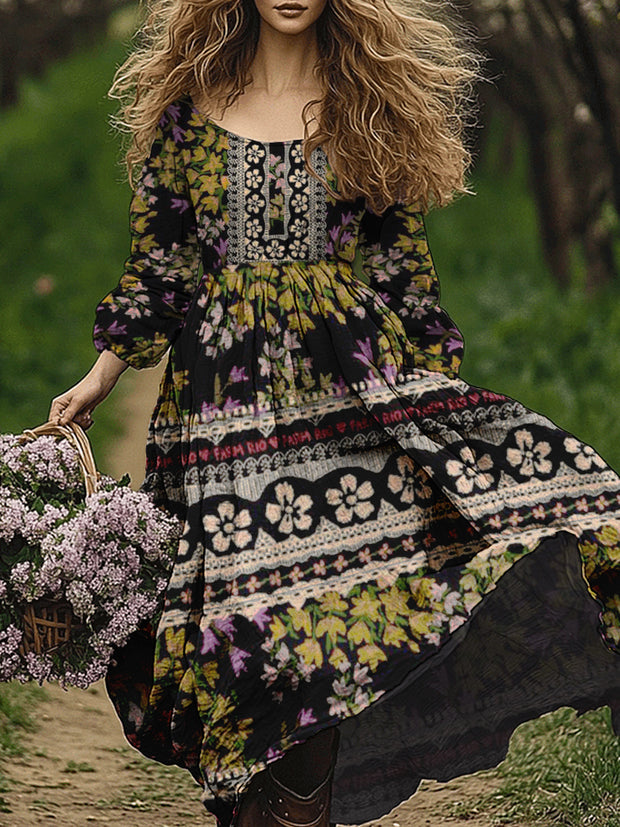 Retro Boho Floral Art Print Vintage Chic Round-Neck Long Sleeve Midi Dress