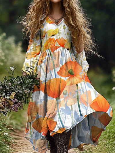 Women's Stylish Elegant Art Floral Print V-Neck Long Sleeve Long Dress