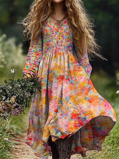 Women's Stylish Elegant Art Floral Print V-Neck Long Sleeve Long Dress