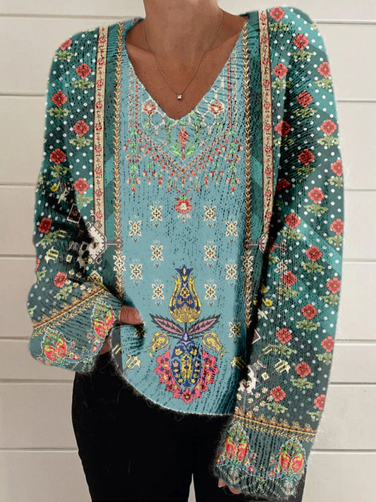 Elegant Retro Floral Print Vintage Chic V-Neck Long Sleeve Thick Knit Sweater