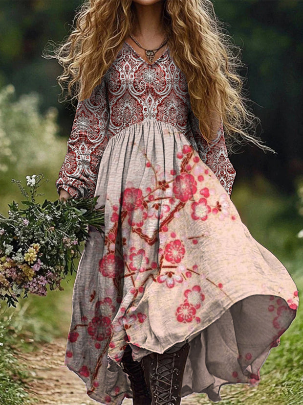 Retro Boho Floral Art Print Vintage Chic V-Neck Long Sleeve Midi Dress