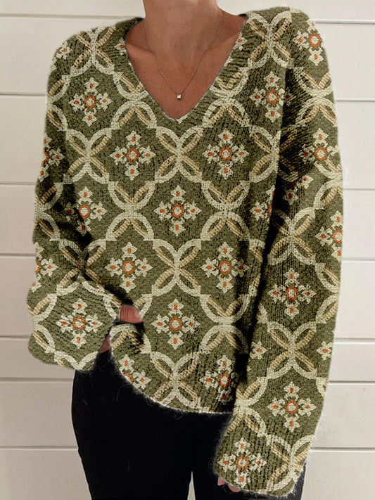 Elegant Retro Floral Print Vintage Chic V-Neck Long Sleeve Thick Knit Sweater