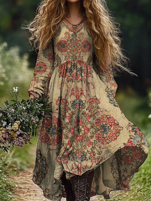 Retro Boho Floral Art Print Vintage Chic V-Neck Long Sleeve Midi Dress