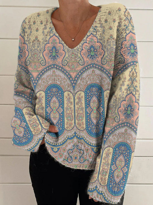 Elegant Retro Floral Print Vintage Chic V-Neck Long Sleeve Thick Knit Sweater