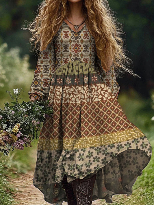 Retro Boho Floral Botany Print Vintage Chic V-Neck Cotton Long Sleeve Midi Dress