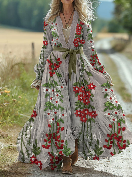 Retro Boho Floral Art Print Vintage Chic Waist Strap V-Neck Cotton Long Sleeve Midi Dress