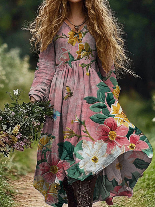 Retro Boho Floral Botany Print Vintage Chic V-Neck Cotton Long Sleeve Midi Dress