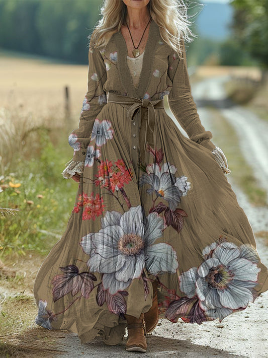 Retro Boho Floral Art Print Vintage Chic Waist Strap V-Neck Cotton Long Sleeve Midi Dress